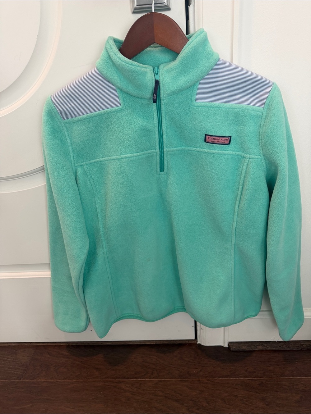 Vineyard Vines Mint Green Quarter-Zip Fleece with Striped Shoulder Panels